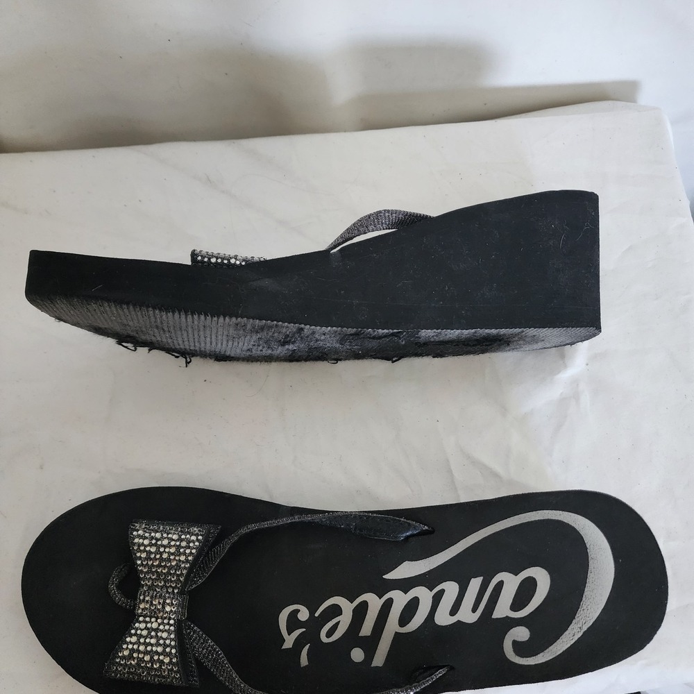 Y2k Candies Wedge Sandals Size 9 Black Bow Bling